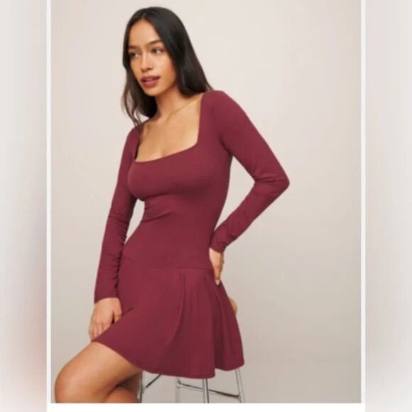 NWT Reformation Coen Jersey Knit Square Neck Mini Dress in Chianti Red Size M - Picture 4 of 16
